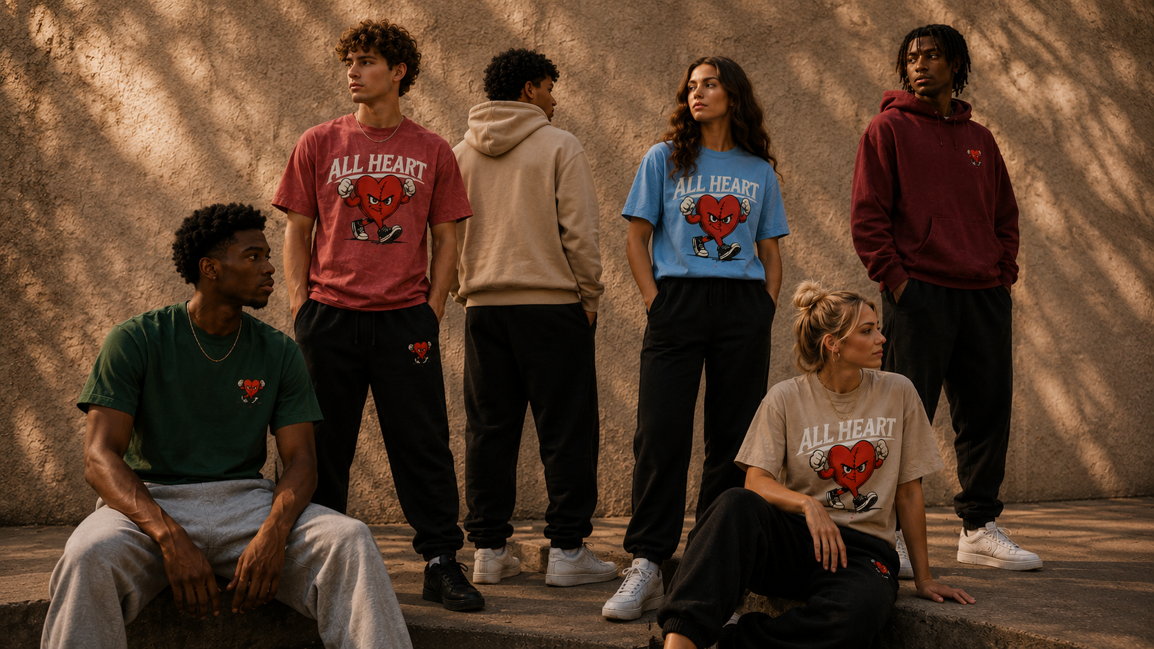 Group of people wearing 'All Heart' branded clothing against a textured wall.