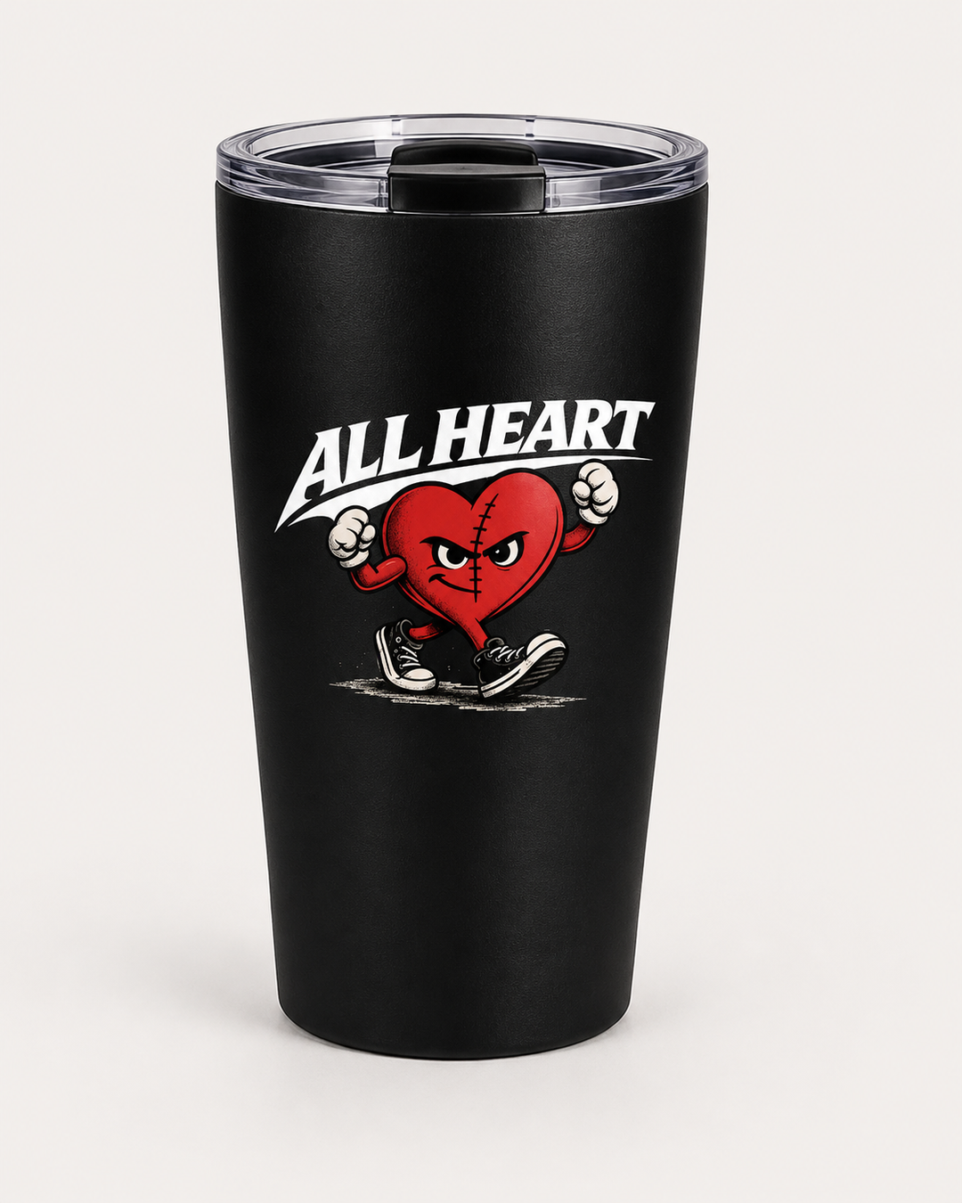 Black tumbler with a red heart graphic and 'All Heart' text on a white background