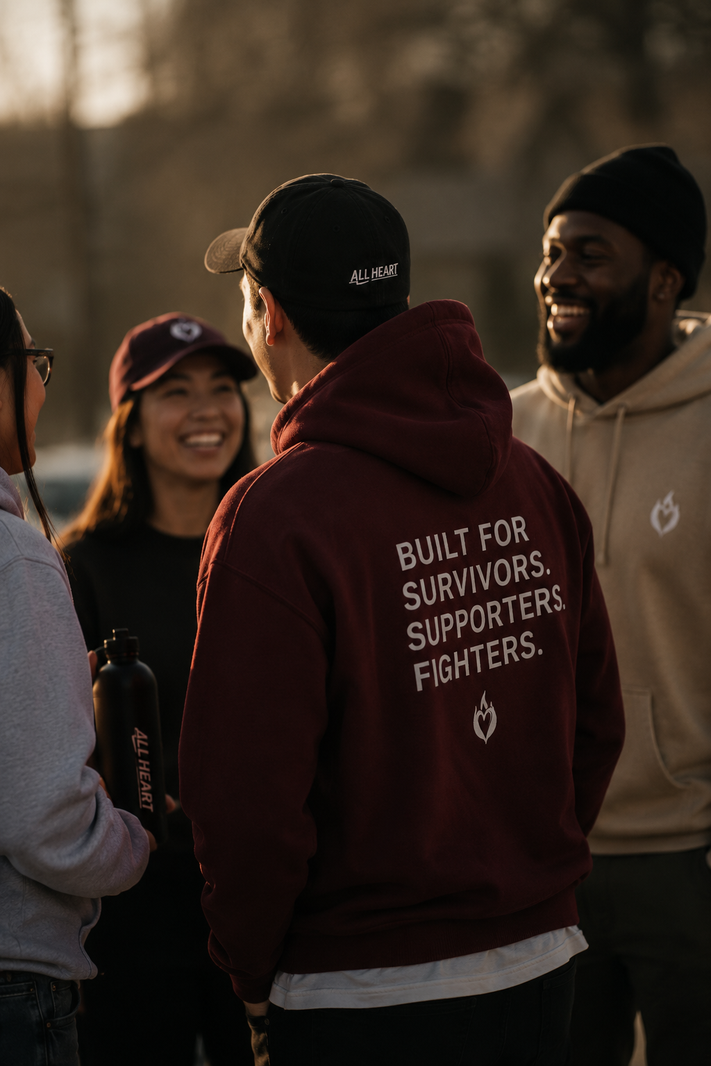 Group of people standing outdoors with one person wearing a hoodie with text on the back.