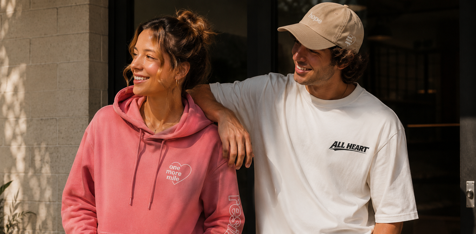 Two people standing together, one wearing a pink hoodie and the other in a white t-shirt with 'All Heart' branding.