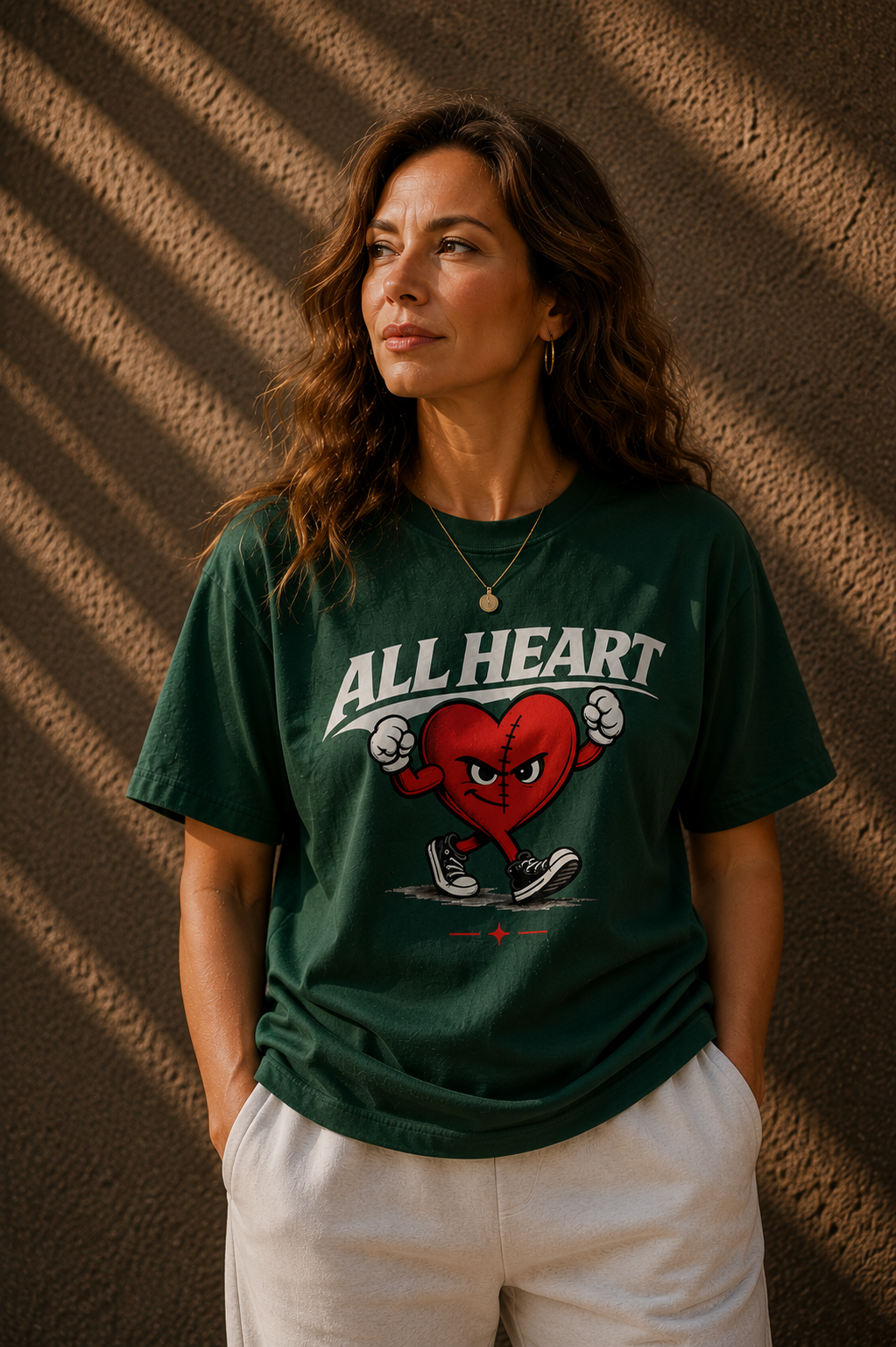 Woman wearing a green t-shirt with 'All Heart' graphic design against a textured wall.