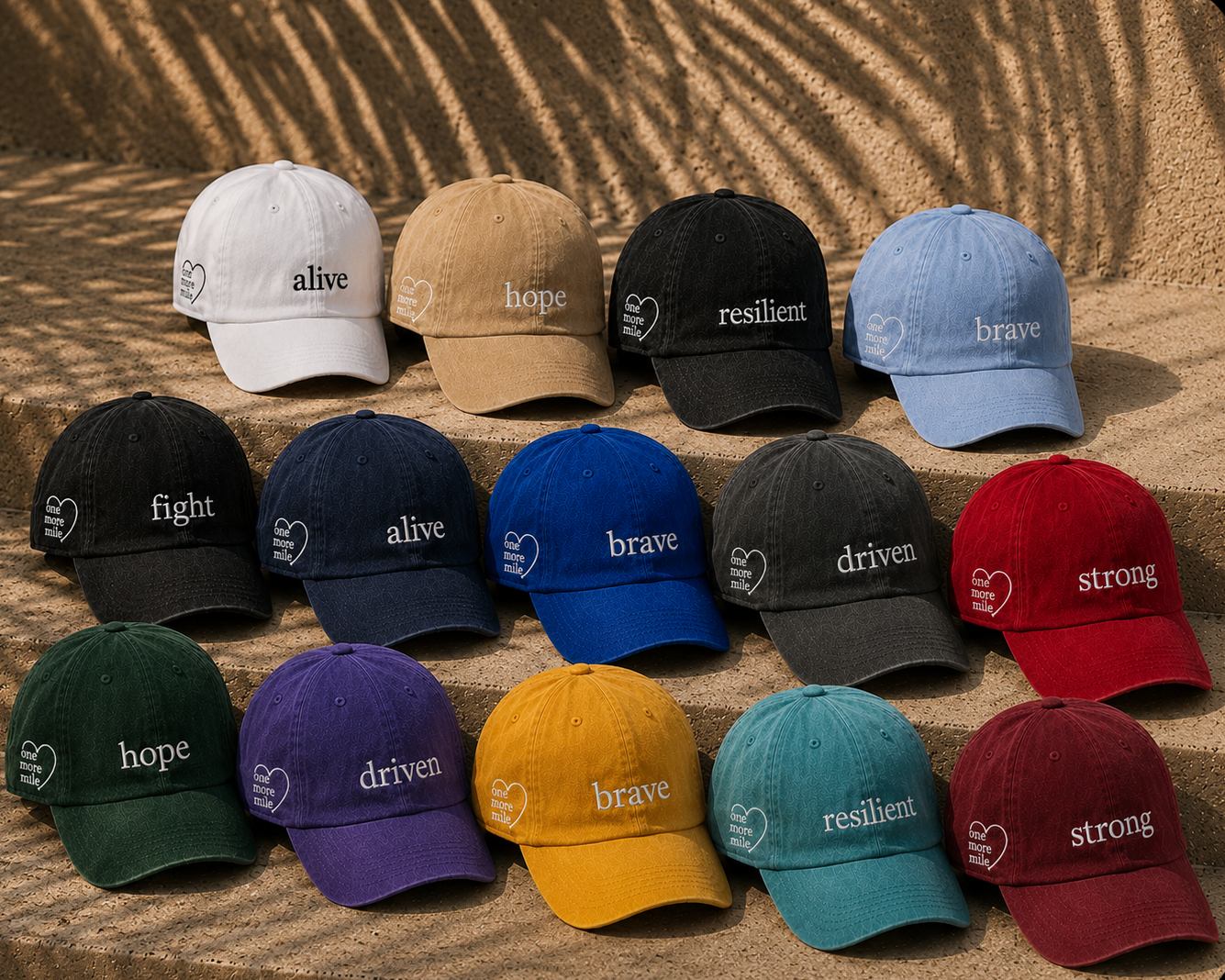 Collection of colorful baseball caps with motivational phrases on a textured surface