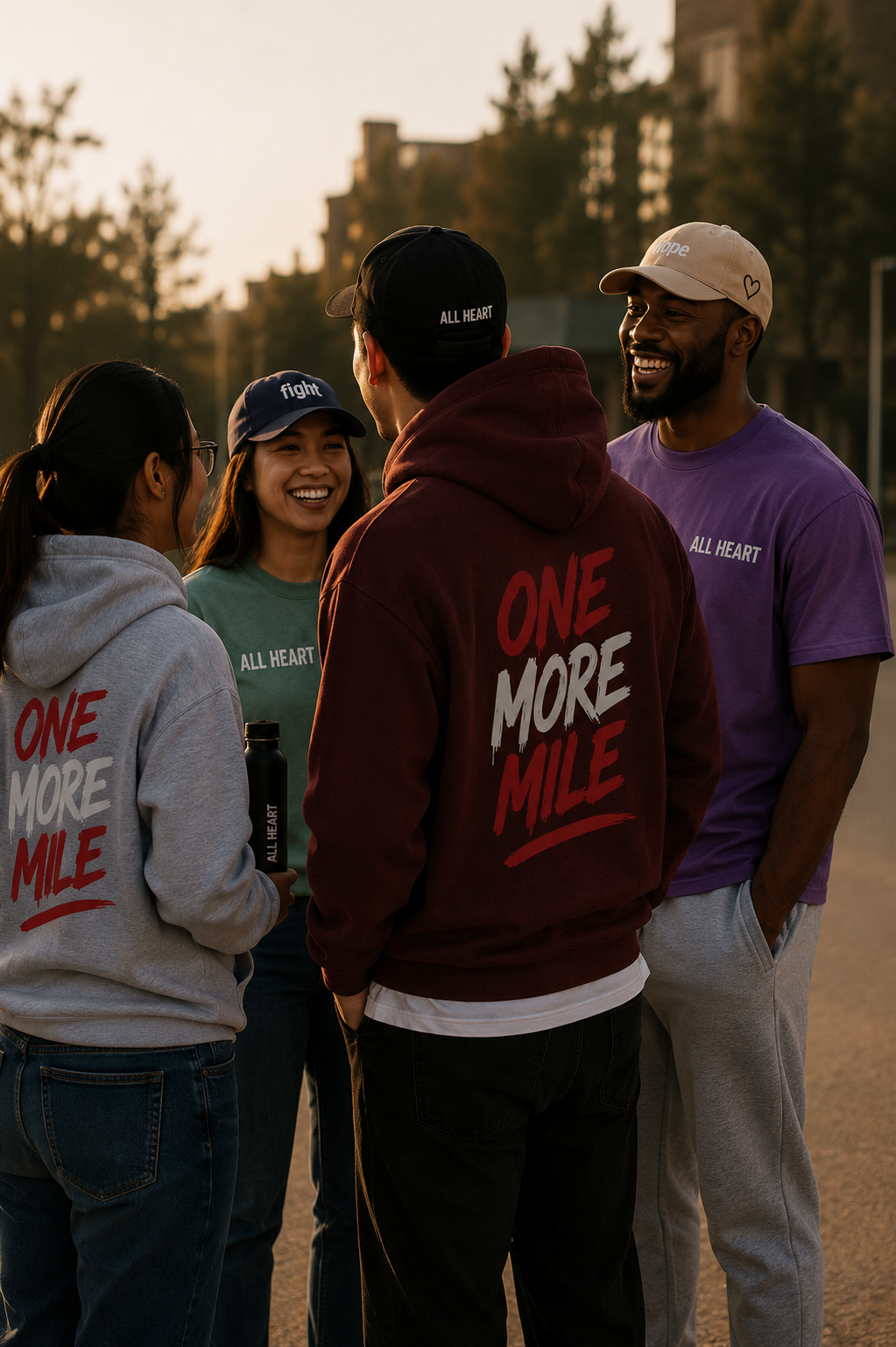 Group of people standing together with 'One More Mile' clothing in an outdoor setting.