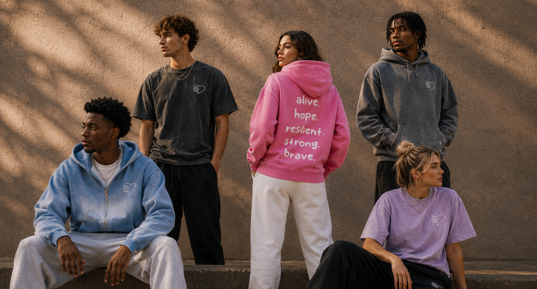 Group of people wearing hoodies with motivational text against a textured wall.